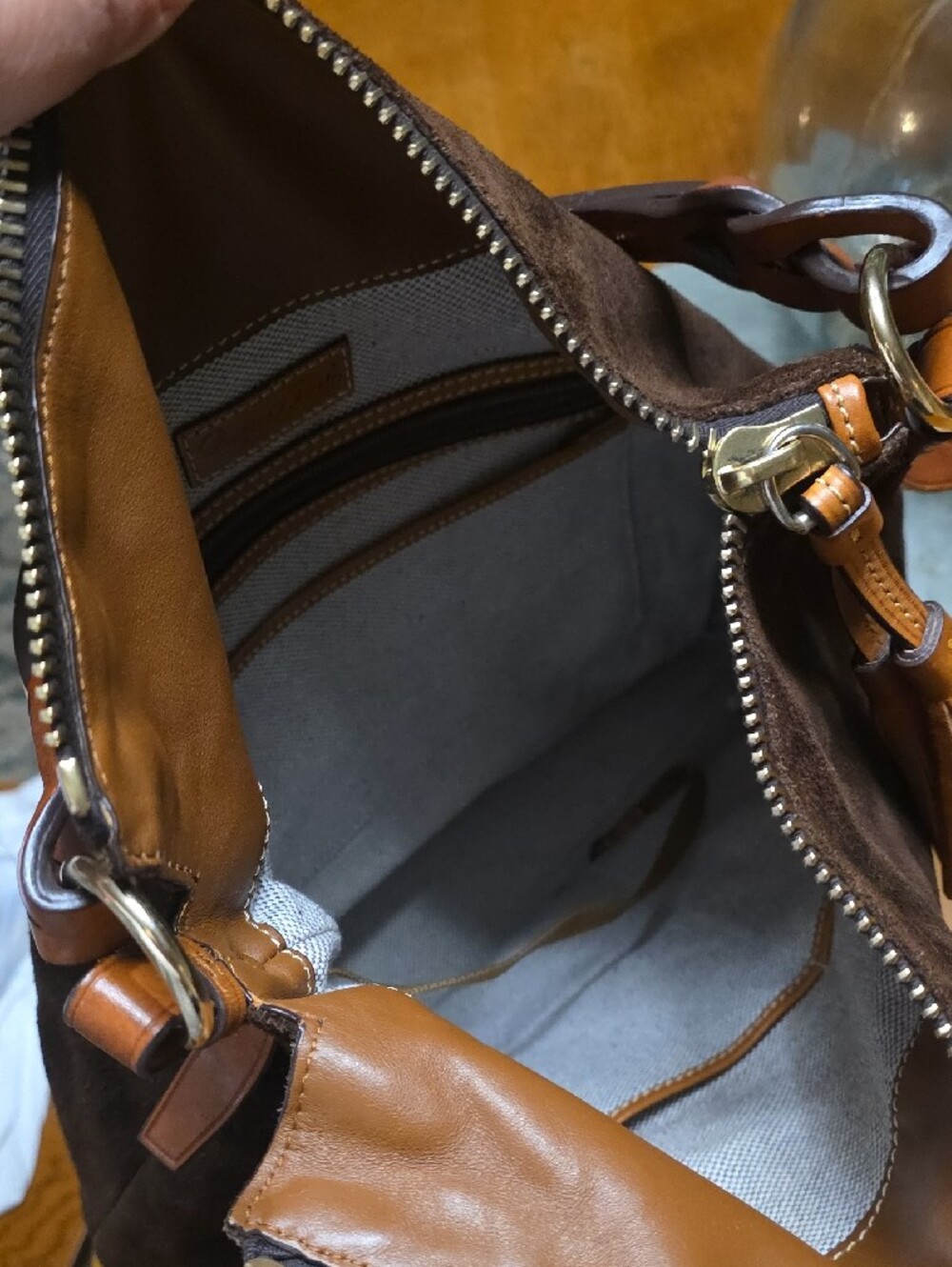 Dooney & Bourke Dark Brown Suede Shoulder Hobo with Tan Leather Trim - Picture 8 of 12